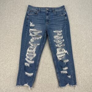 American Eagle Mom Jeans WMNS 14 Blue Distressed Stretch High Rise Grunge Ripped